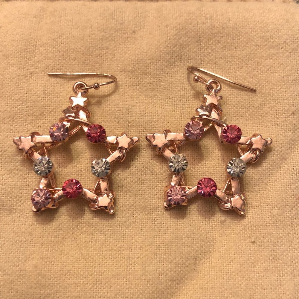 Rose Gold Star Hoop Drop Earrings with Pink & Clear Crystals